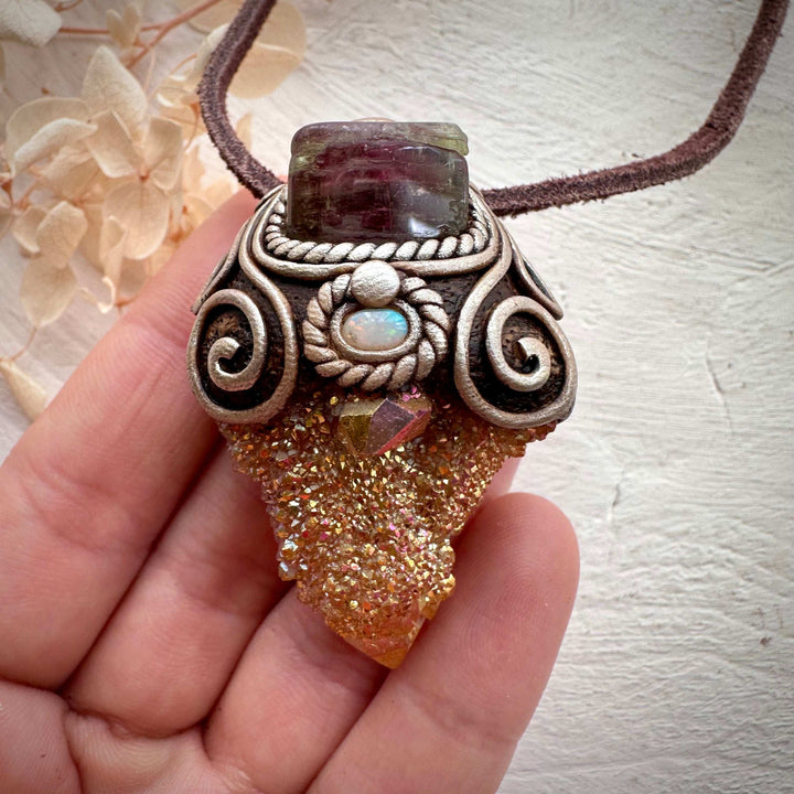 Sunset Aura Spirit Quartz with Bi Color Tourmaline and Australian Opal Necklace - FairyGardenGlow