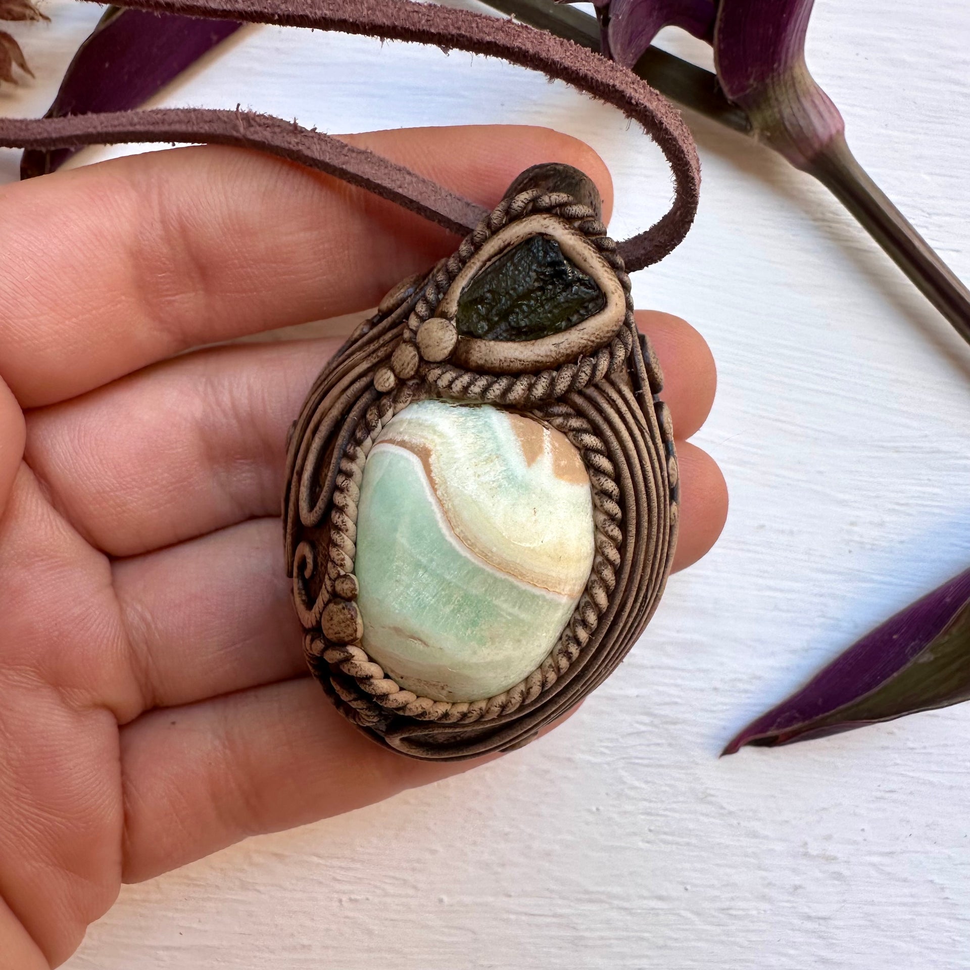 Caribbean Calcite and Moldavite Necklace - FairyGardenGlow