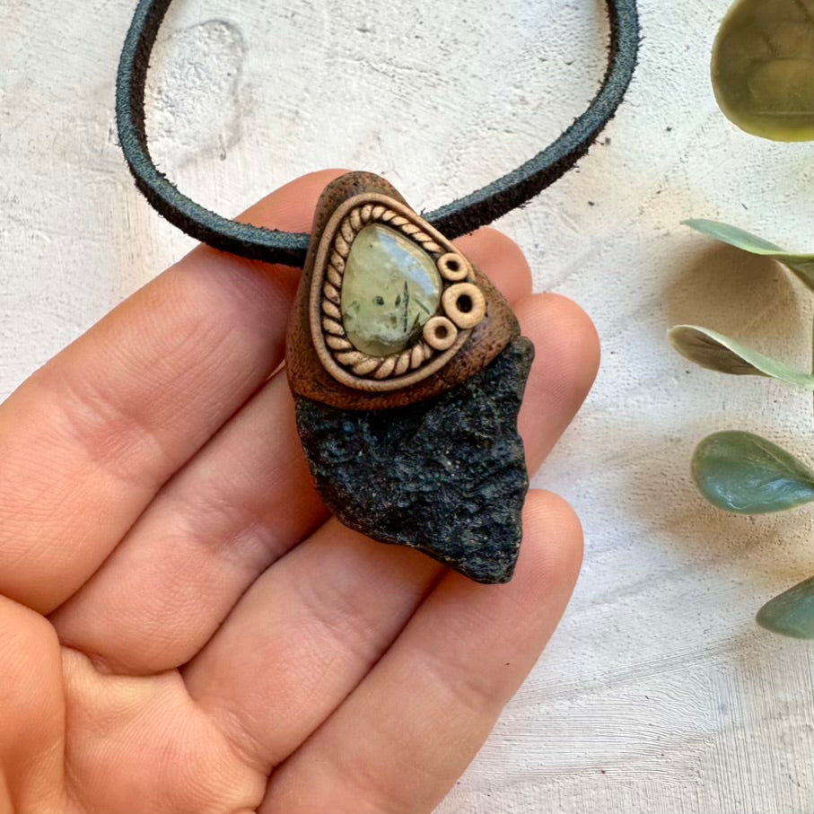 Black Tektite and Epidote in Prehnite Pendant, Unisex Gemstone Necklace