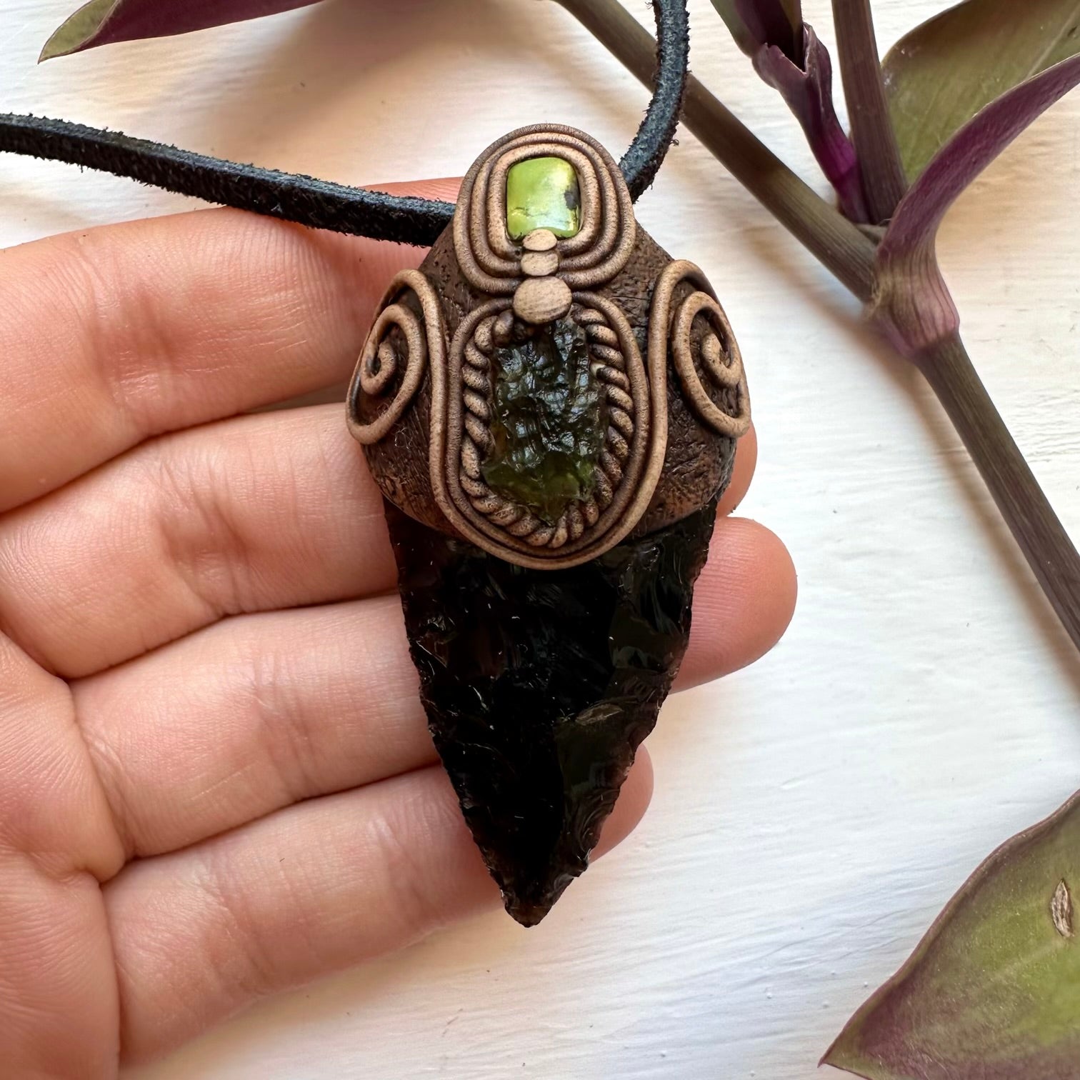 Black Obsidian Arrowhead Moldavite and Tibetan Turquoise Pendant Necklace - FairyGardenGlow