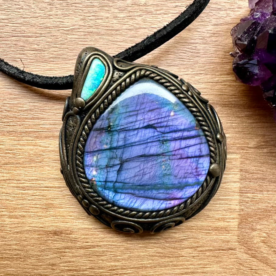 Large Purple Labradorite and Australian Opal Necklace, Unique Crystal Pendant - FairyGardenGlow