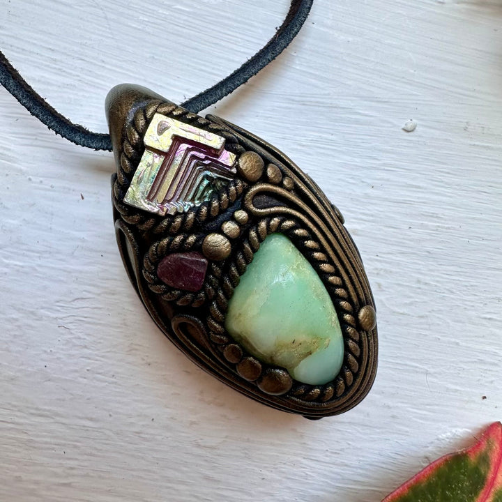 Chrysoprase Bismuth and Ruby Necklace - FairyGardenGlow