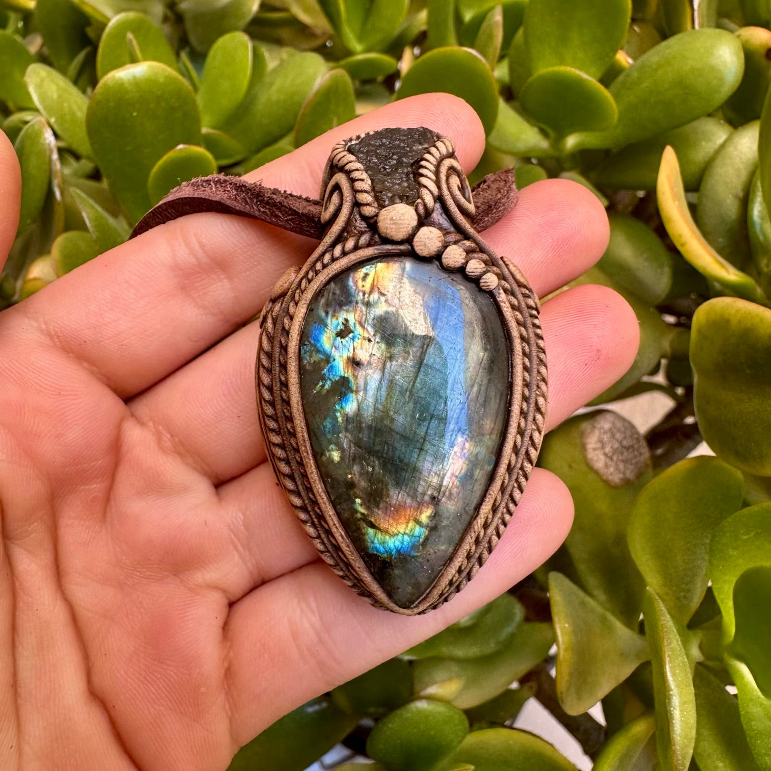 Labradorite and Moldavite Pendant Necklace, Handmade One of a Kind Jewelry - FairyGardenGlow