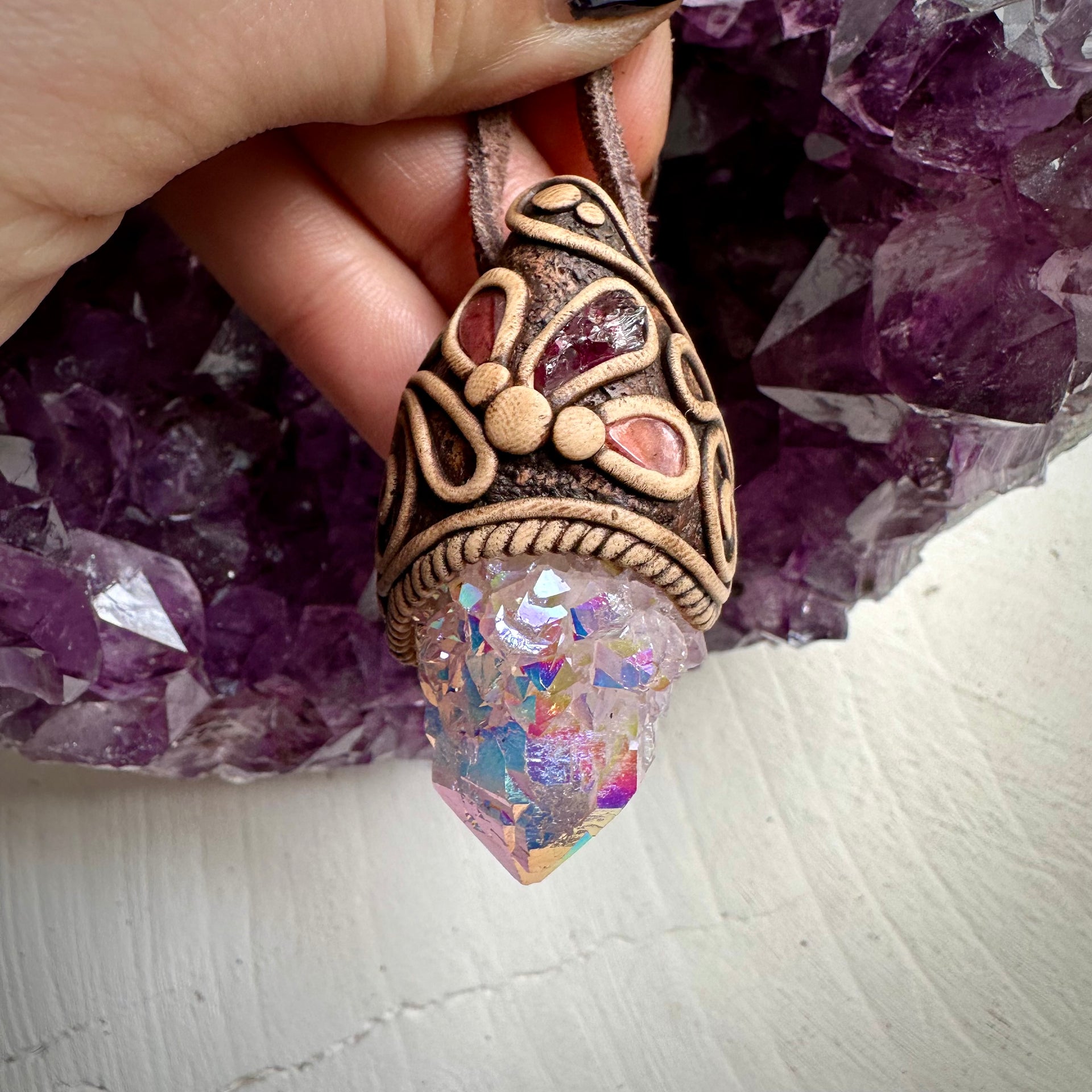 Angel Aura Spirit Quartz Rhodolite Garnet and Pink Tourmaline Necklace