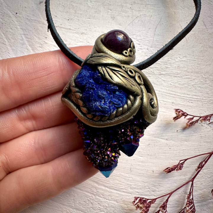 Cobalt Aura Spirit Quartz Azurite and Ruby Necklace - FairyGardenGlow
