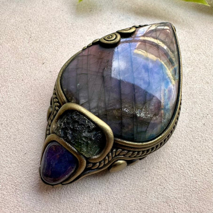 Gorgeous Large Purple Labradorite with Moldavite and Tanzanite Pendant Necklace, Handmade Spiritual Jewelry - FairyGardenGlow