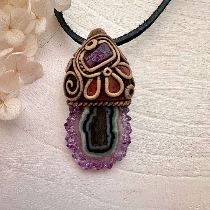 Amethyst Stalactite Ruby and Pink Tourmaline Handmade Crystal Necklace - FairyGardenGlow