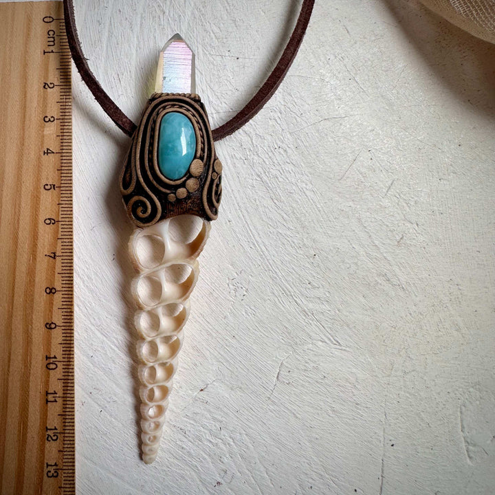 Seashell Slice Angel Aura Quartz and Larimar Necklace - FairyGardenGlow