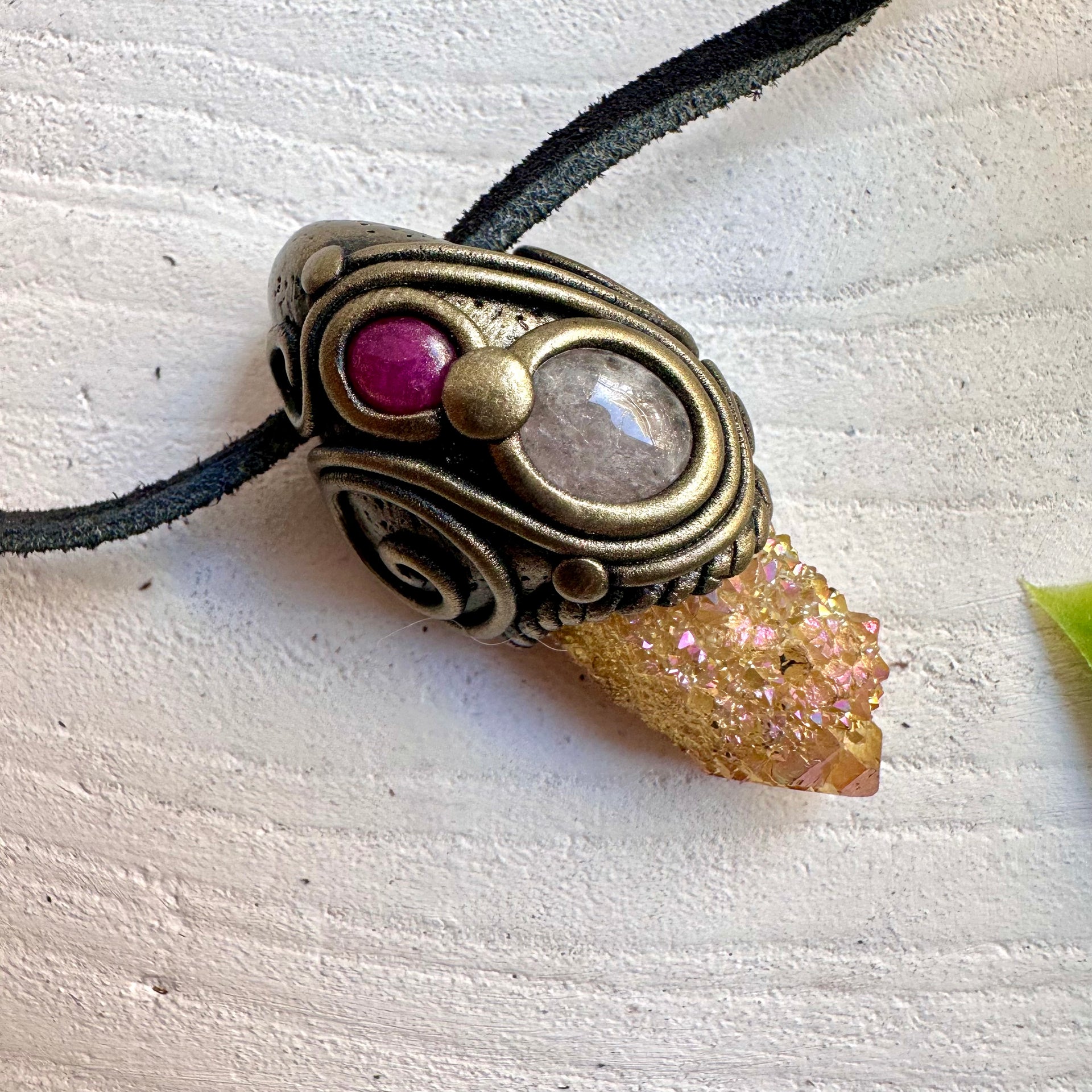 Sunset Aura Spirit Quartz Ruby and Morganite Pendant Necklace