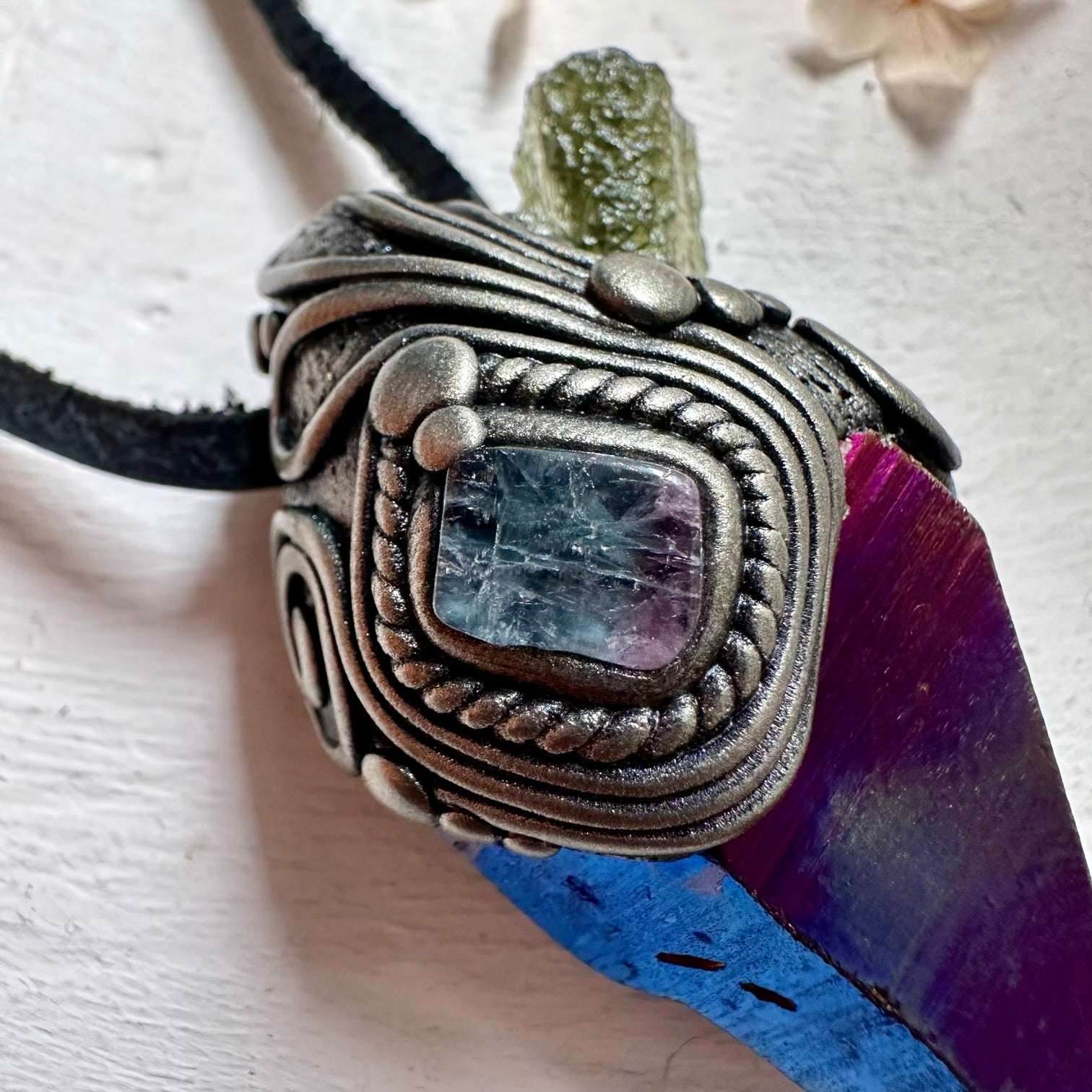 Cobalt Aura Quartz Moldavite and Bi Color Tourmaline Pendant Necklace - FairyGardenGlow