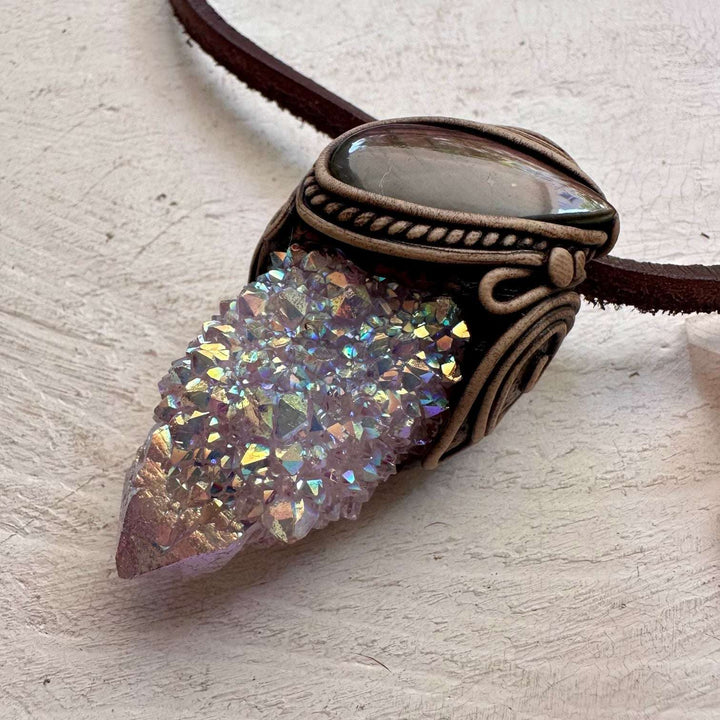 Angel Aura Spirit Quartz and Pink Labradorite Necklace - FairyGardenGlow