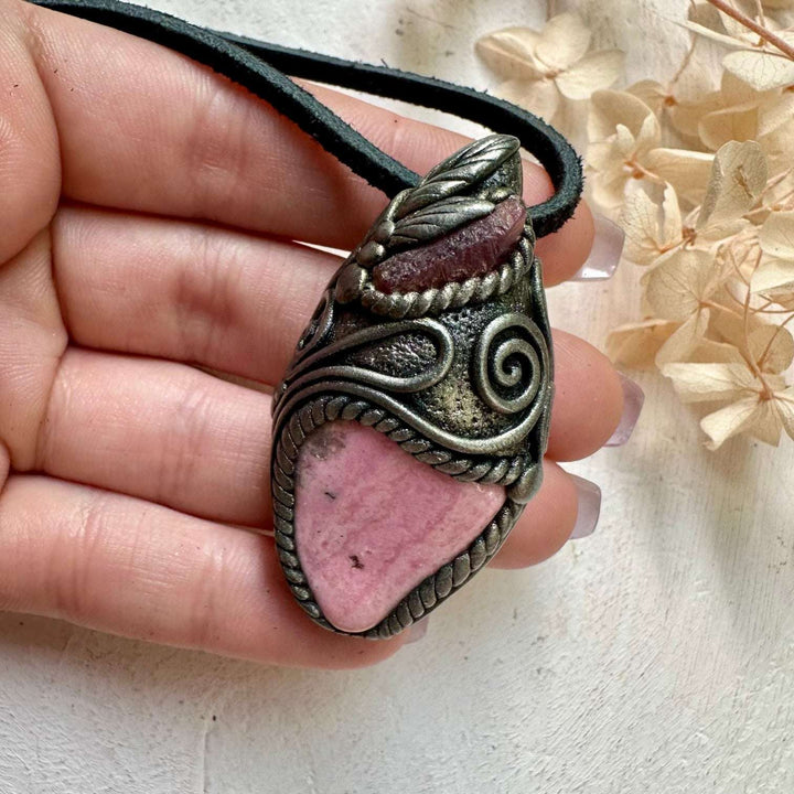 Peruvian Rhodonite and Raw Ruby Pendant Necklace - FairyGardenGlow