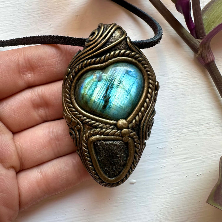 Labradorite Heart and Moldavite Necklace - FairyGardenGlow