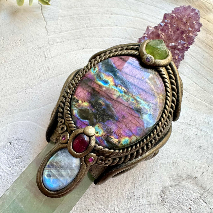 Witch crystal wand featuring Rainbow Fluorite, Purple Labradorite and Rainbow Moonstone.