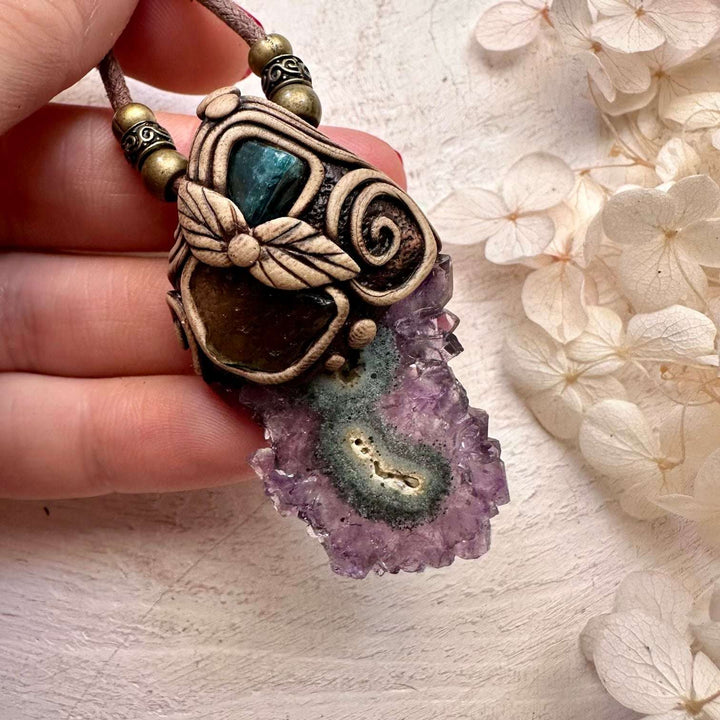 Amethyst Stalactite Blue Tourmaline and Moldavite Pendant - FairyGardenGlow