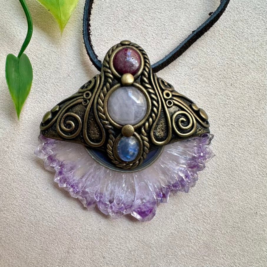 Amethyst Stalactite Ruby Rose Quartz and Rainbow Moonstone Handmade Crystal Necklace - FairyGardenGlow