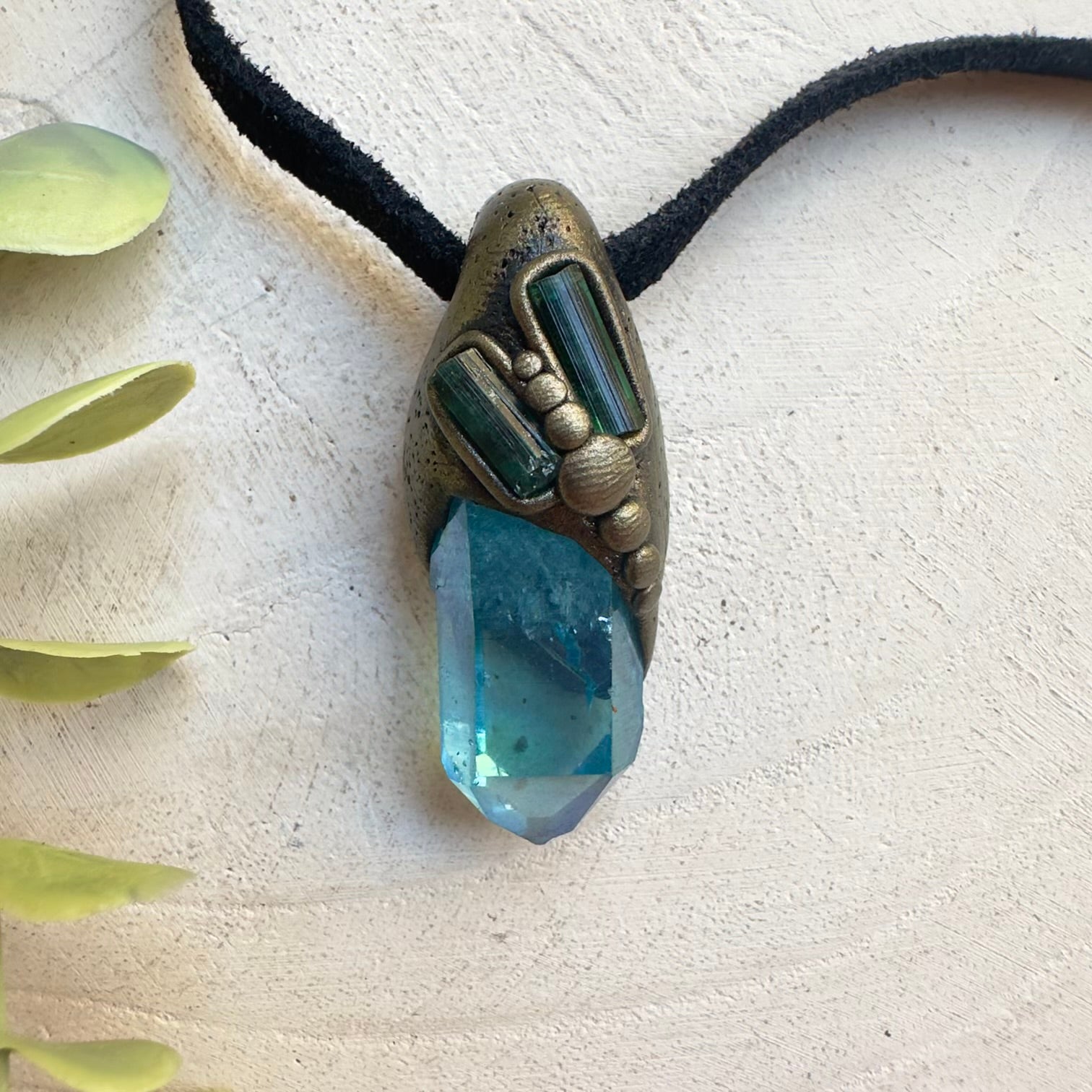 Green Tourmaline and Aqua Aura Quartz crystal pendant necklace