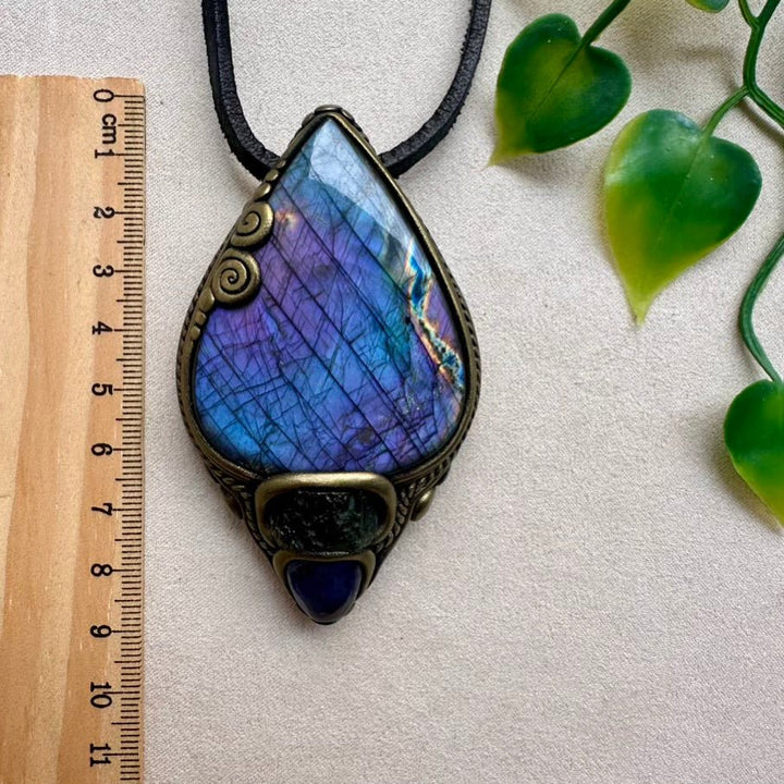 Gorgeous Large Purple Labradorite with Moldavite and Tanzanite Pendant Necklace, Handmade Spiritual Jewelry FairyGardenGlow