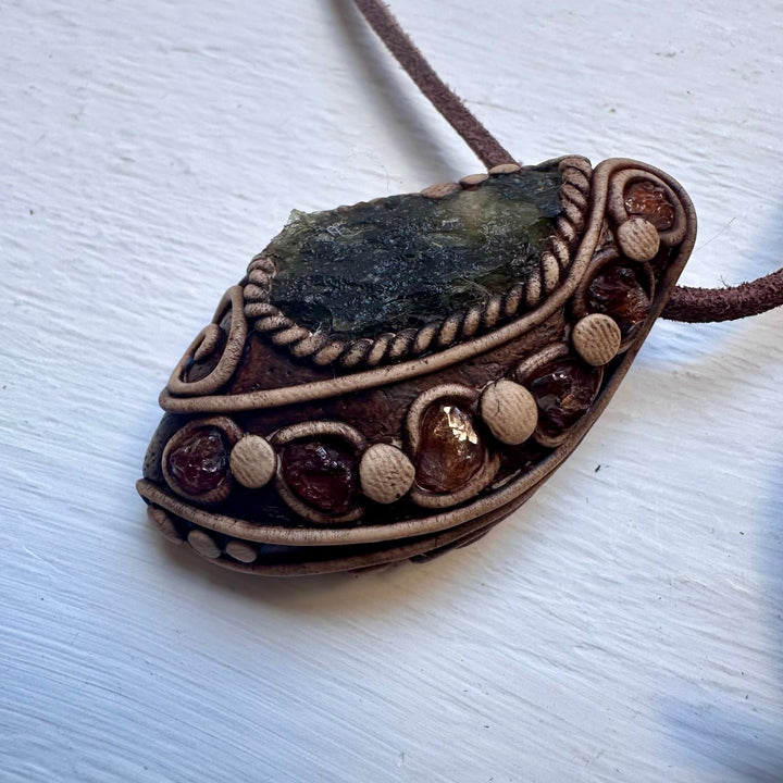 Moldavite and Hessonite Garnet Necklace, Unisex Crystal Jewelry - FairyGardenGlow