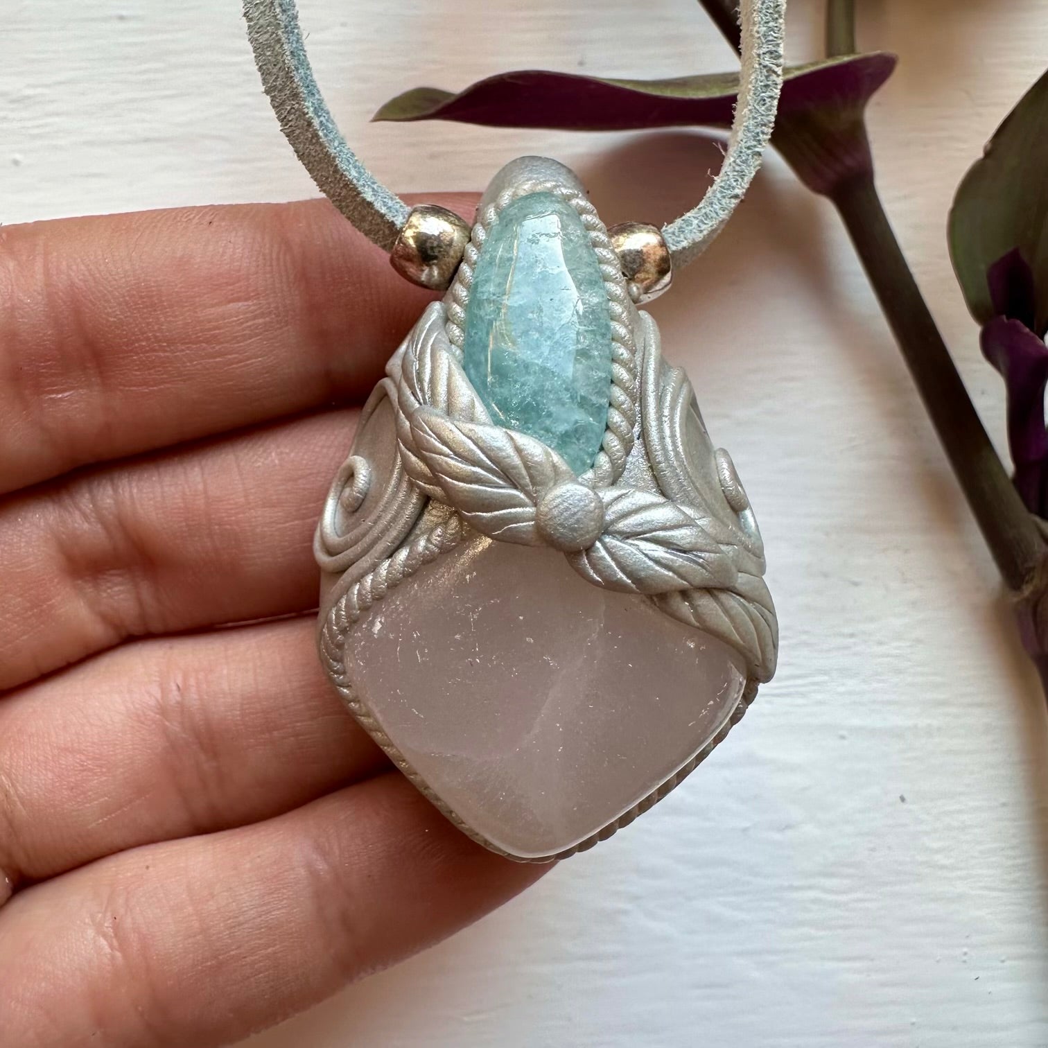 Mango Calcite and Aquamarine Pendant Necklace - FairyGardenGlow