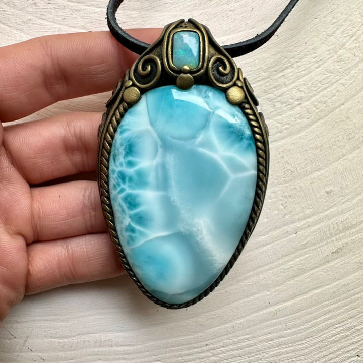 Large Larimar and Australian Opal Crystal Necklace, Unique Gemstone Jewelry FairyGardenGlow