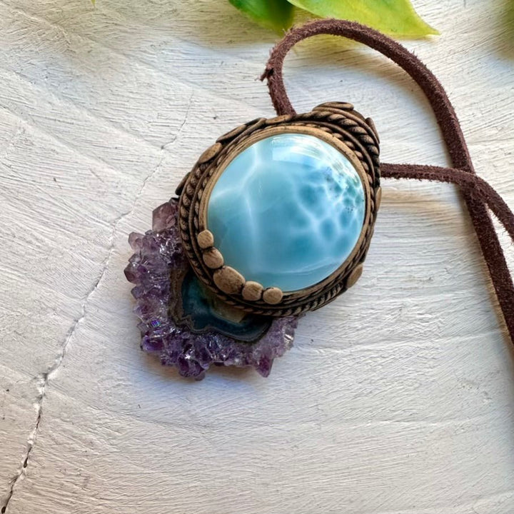 Larimar and Amethyst Stalactite Necklace, Unique Healing Crystal Jewelry - FairyGardenGlow