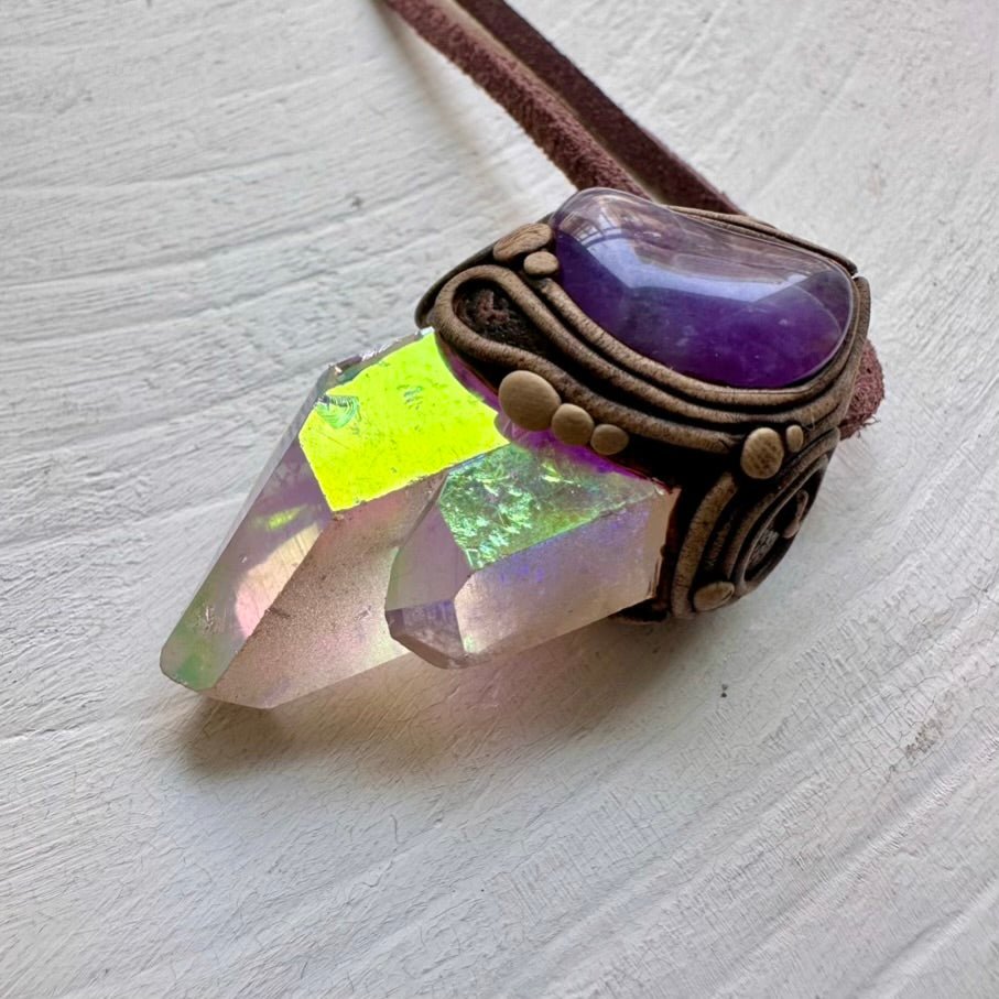 Angel Aura Quartz and Amethyst Moon Necklace, Handmade Crystal Jewelry FairyGardenGlow