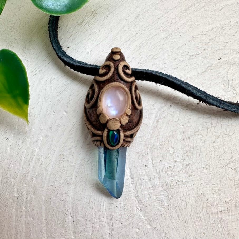 Aqua Aura Quartz Moonstone and Black Ethiopian Opal Necklace - FairyGardenGlow