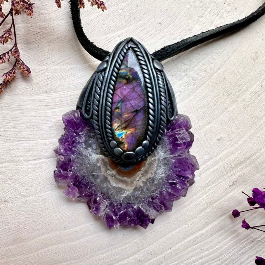 Elegant handmade pendant featuring deep purple Amethyst and Labradorite