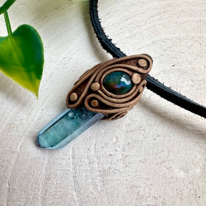 Aqua Aura Quartz and Black Ethiopian Opal Pendant Necklace - FairyGardenGlow