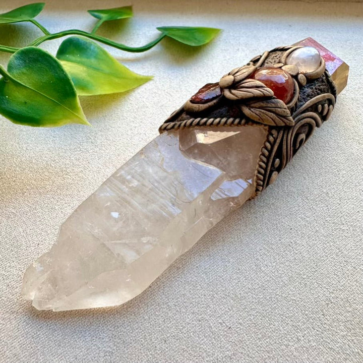 Raw Crystal Wand, Clear Quartz with Sunset Aura Quartz, Moonstone, Sunstone and Red Garnet - FairyGardenGlow