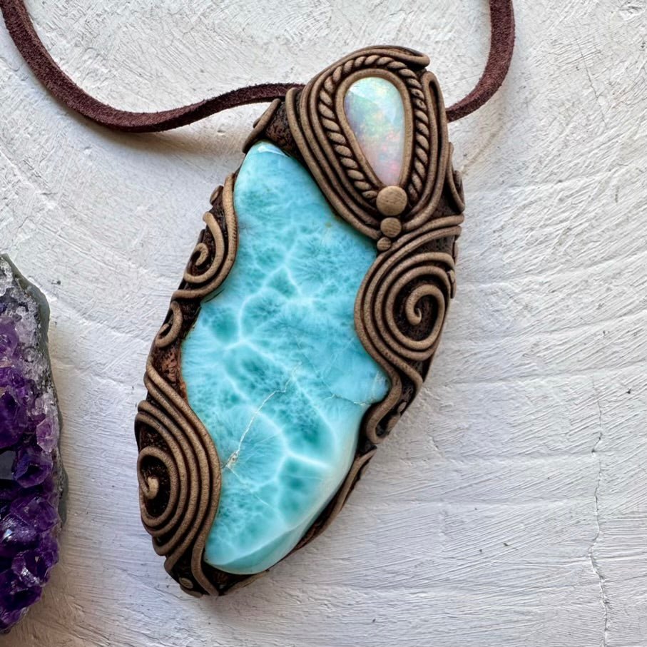 Large Larimar and Australian Opal Pendant Necklace, Healing Crystal Jewelry FairyGardenGlow