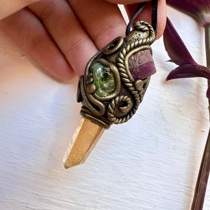Tangerine Aura Quartz Peridot and Ruby Necklace - FairyGardenGlow
