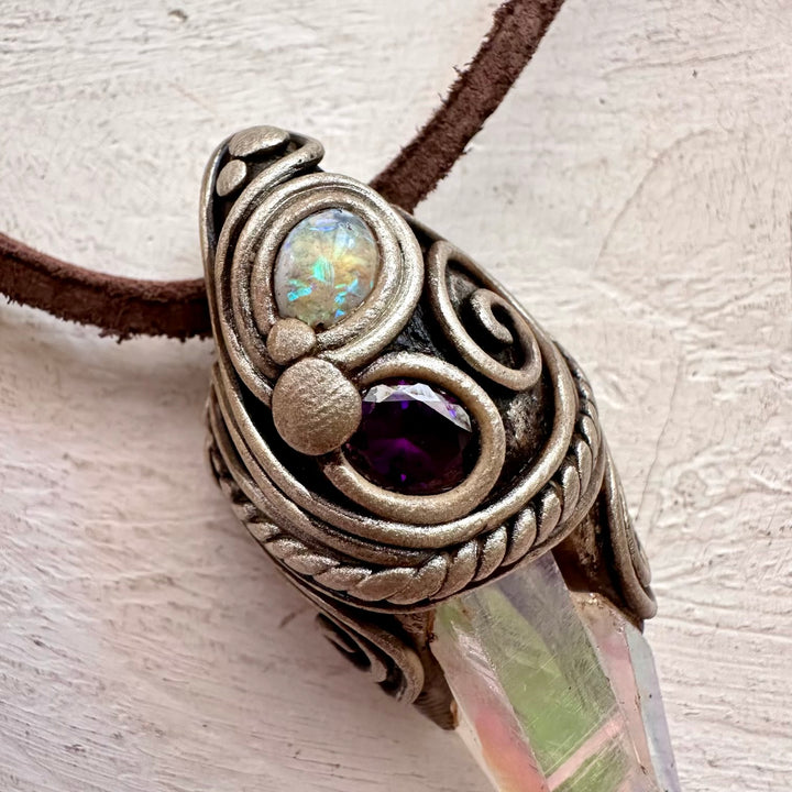 Angel Aura Quartz Cluster Amethyst and Australian Opal Necklace - FairyGardenGlow