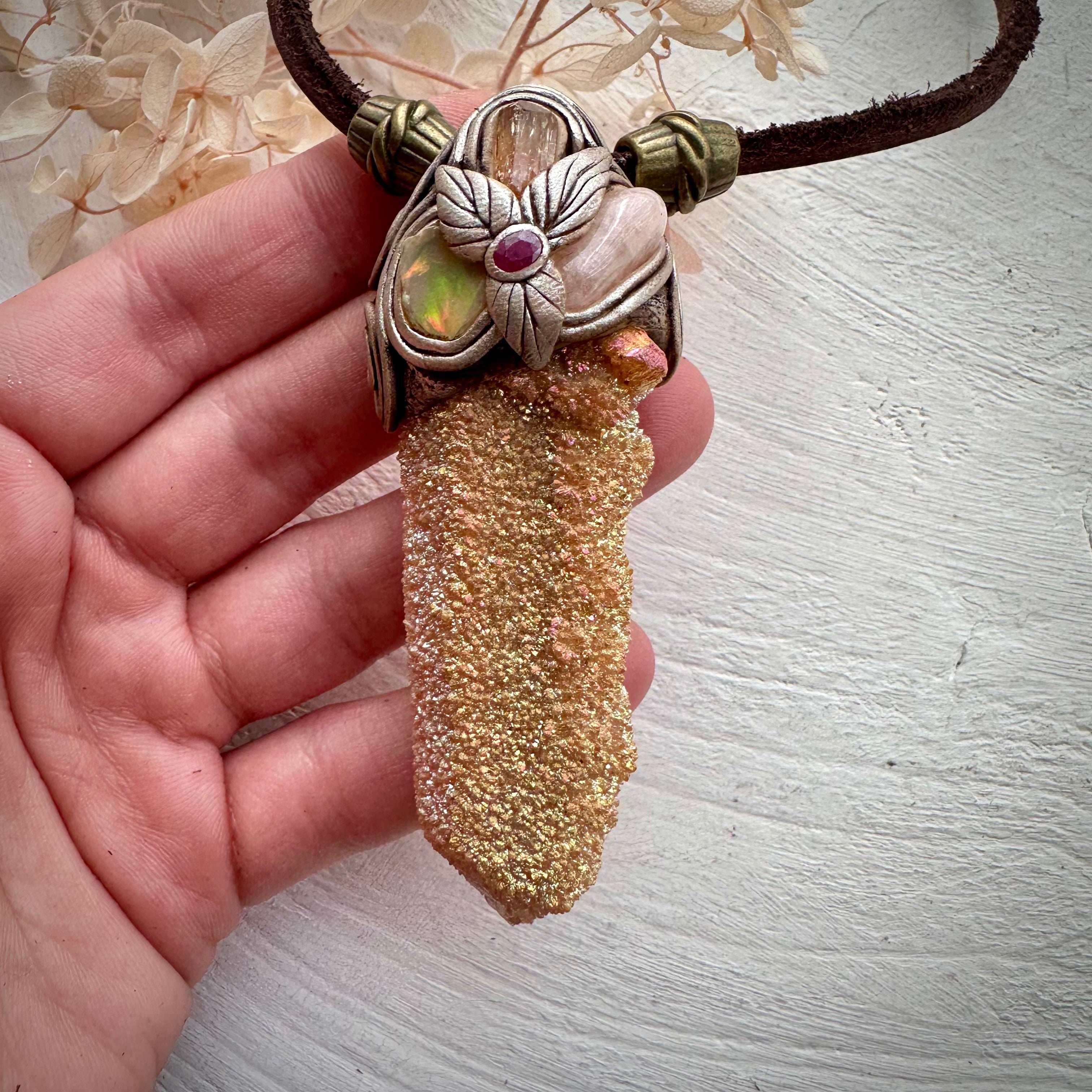 Sunset Aura Spirit Quartz Morganite Imperial Topaz Ethiopian Opal and Ruby Pendant Necklace - FairyGardenGlow