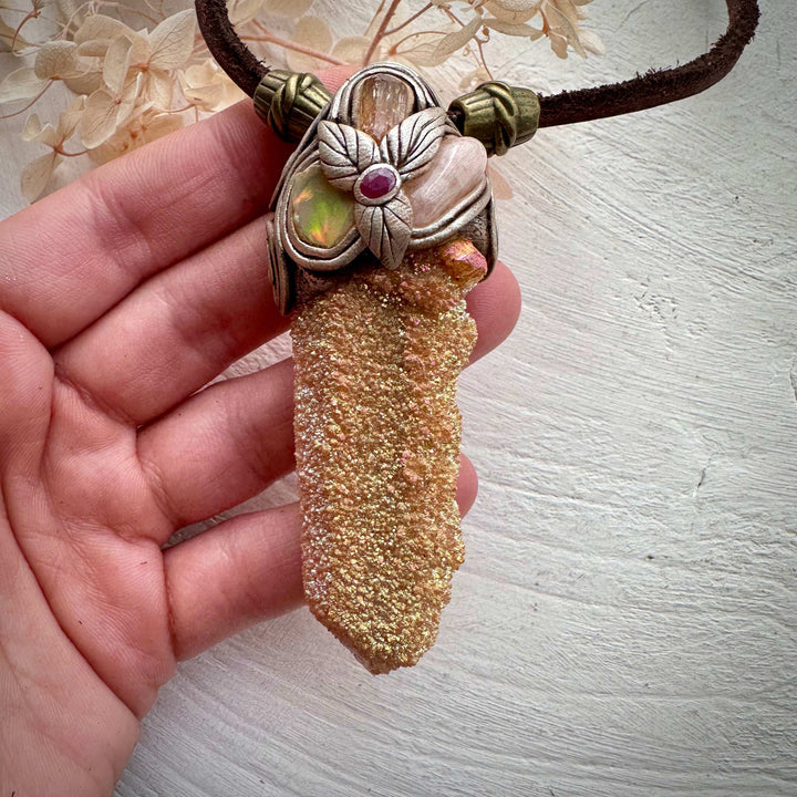 Sunset Aura Spirit Quartz Morganite Imperial Topaz Ethiopian Opal and Ruby Pendant Necklace - FairyGardenGlow