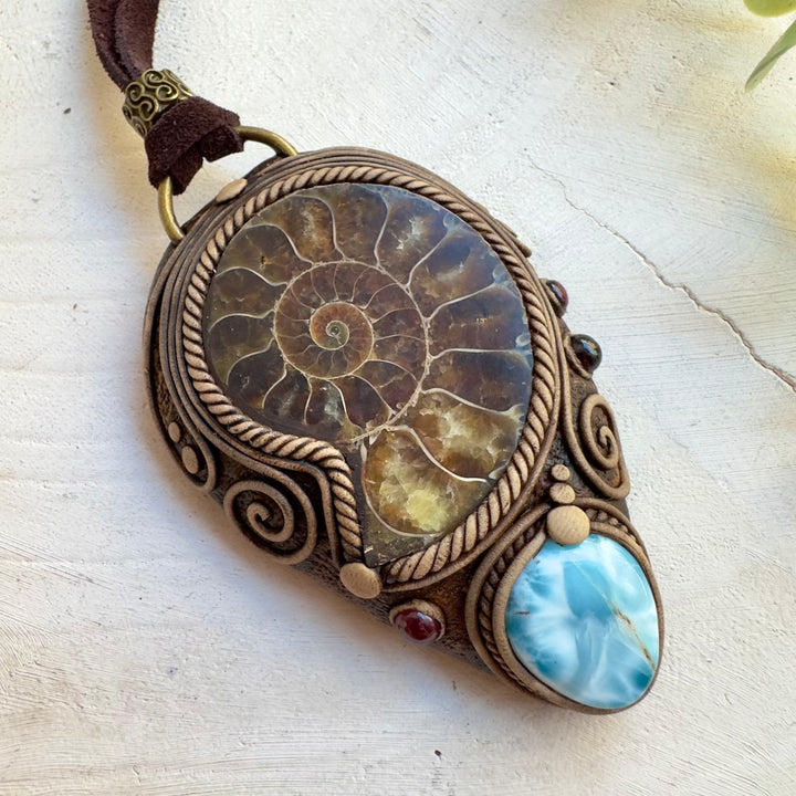 One of a kind fossil jewelry with Larimar crystal and Garnet