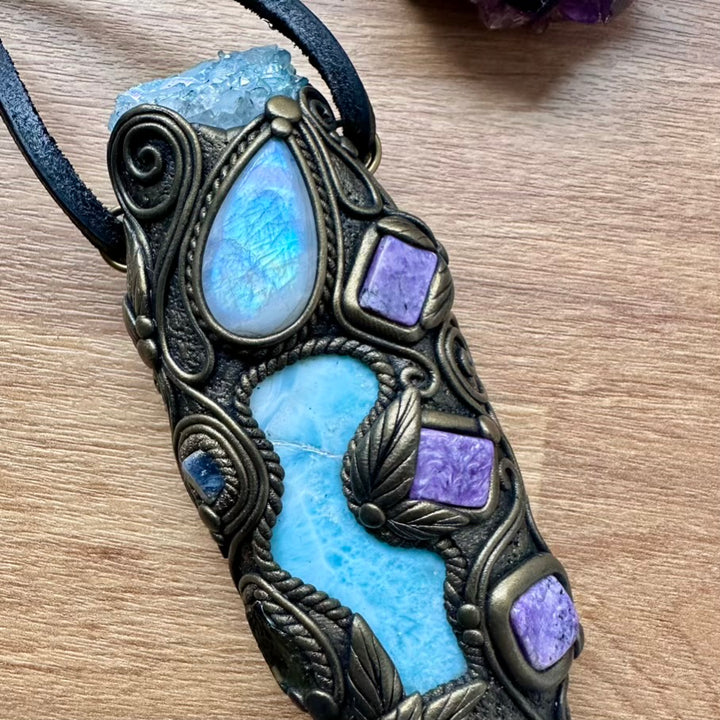 Larimar, Aqua Aura Quartz, Charoite, Rainbow Moonstone, Blue Sapphire and Moldavite Goddess Healing Crystal Talisman / Unique Handmade Wand-Pendant - FairyGardenGlow