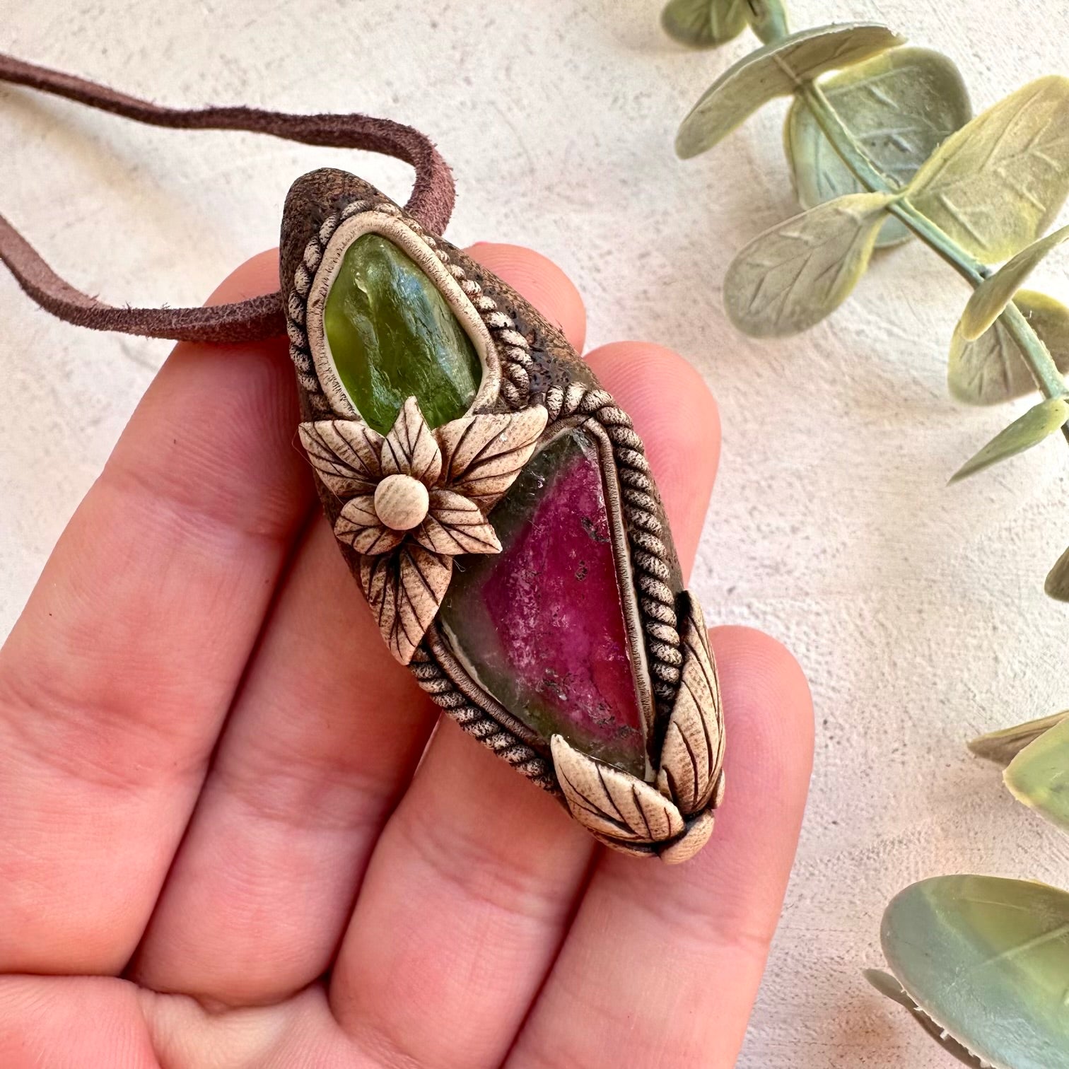Close up of Watermelon Tourmaline and raw Peridot pendant necklace