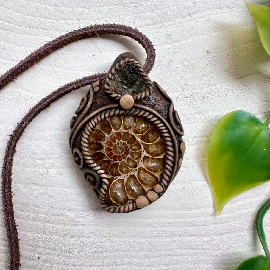 Ammonite and Moldavite Pendant Necklace