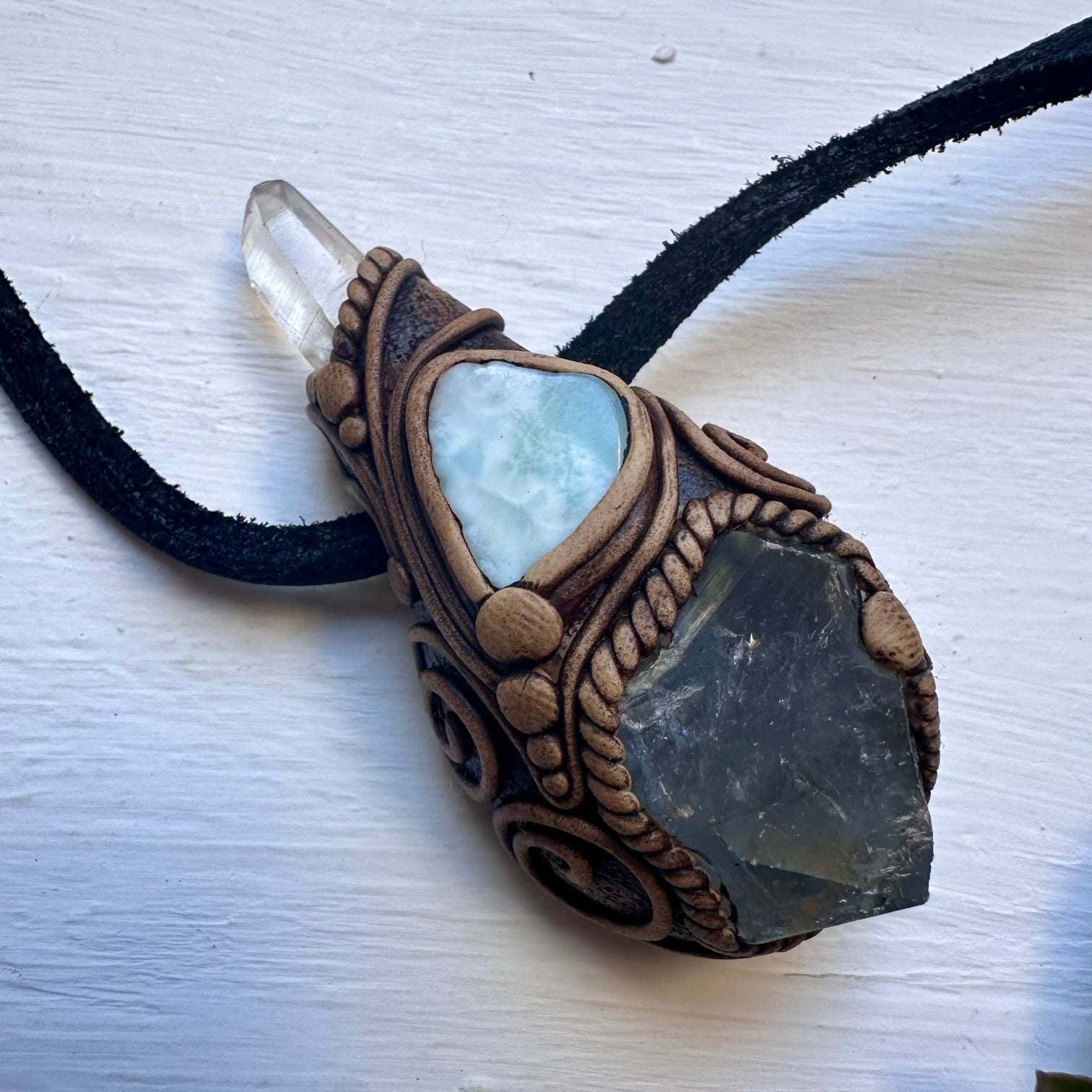 Celestite Clear Quartz and Larimar Necklace, Handmade Crystal Pendant - FairyGardenGlow