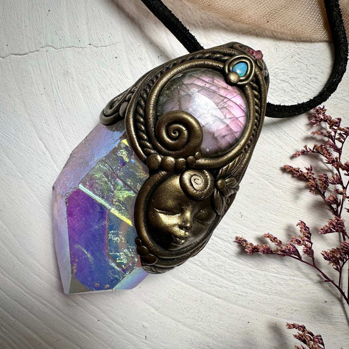 Large Angel Aura Quartz Labradorite Australian Opal and Spinel Goddess Wand / Pendant - FairyGardenGlow