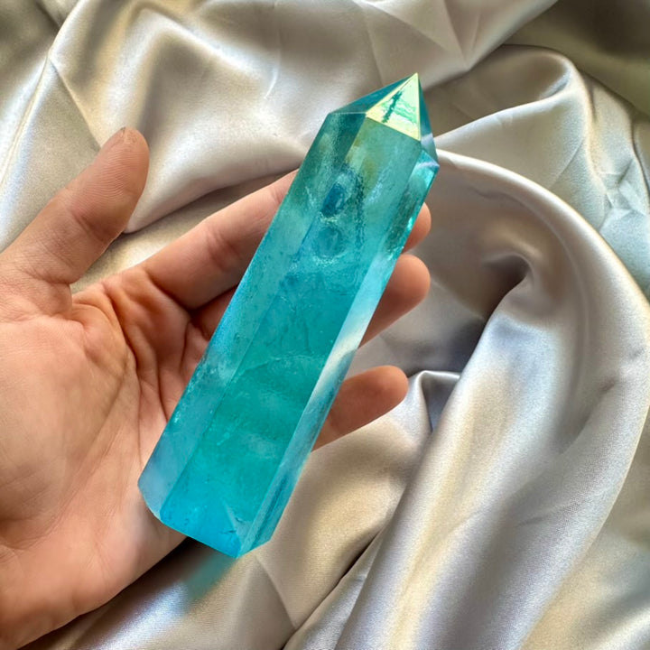 Aqua Aura Quartz Tower - Polished Aqua Aura Quartz Point - FairyGardenGlow