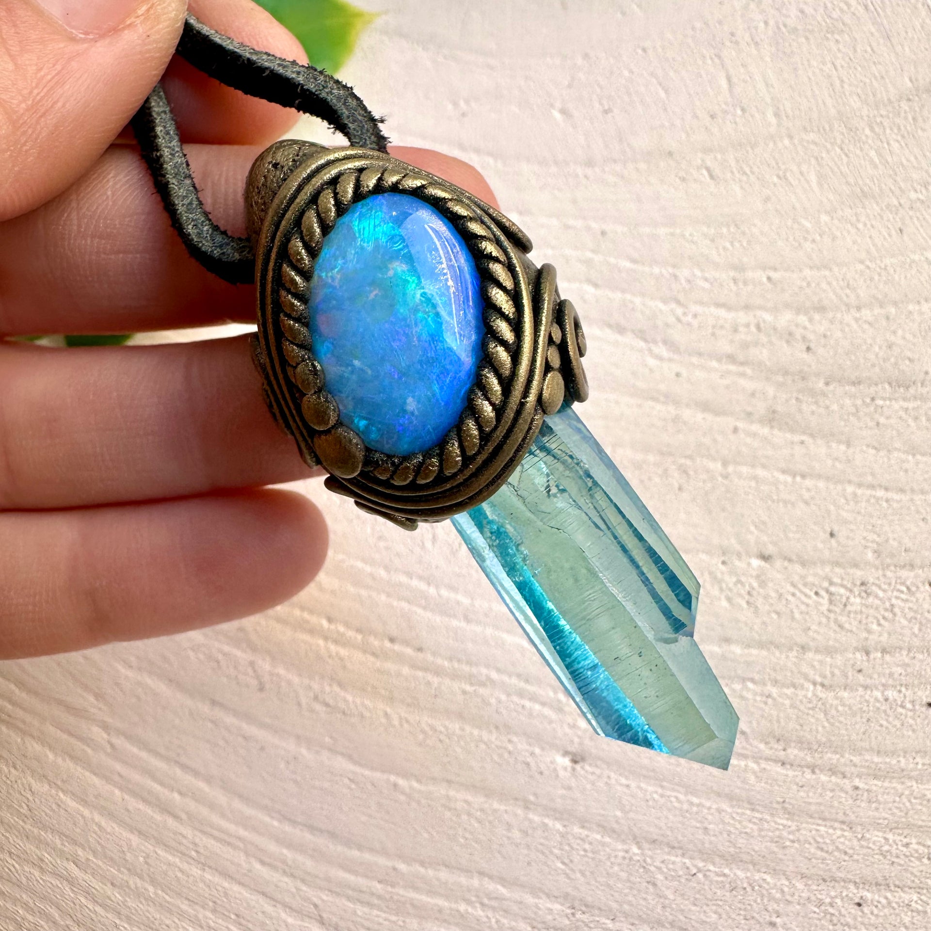 Handcrafted necklace with Aqua Aura Quartz and Australian Opal
