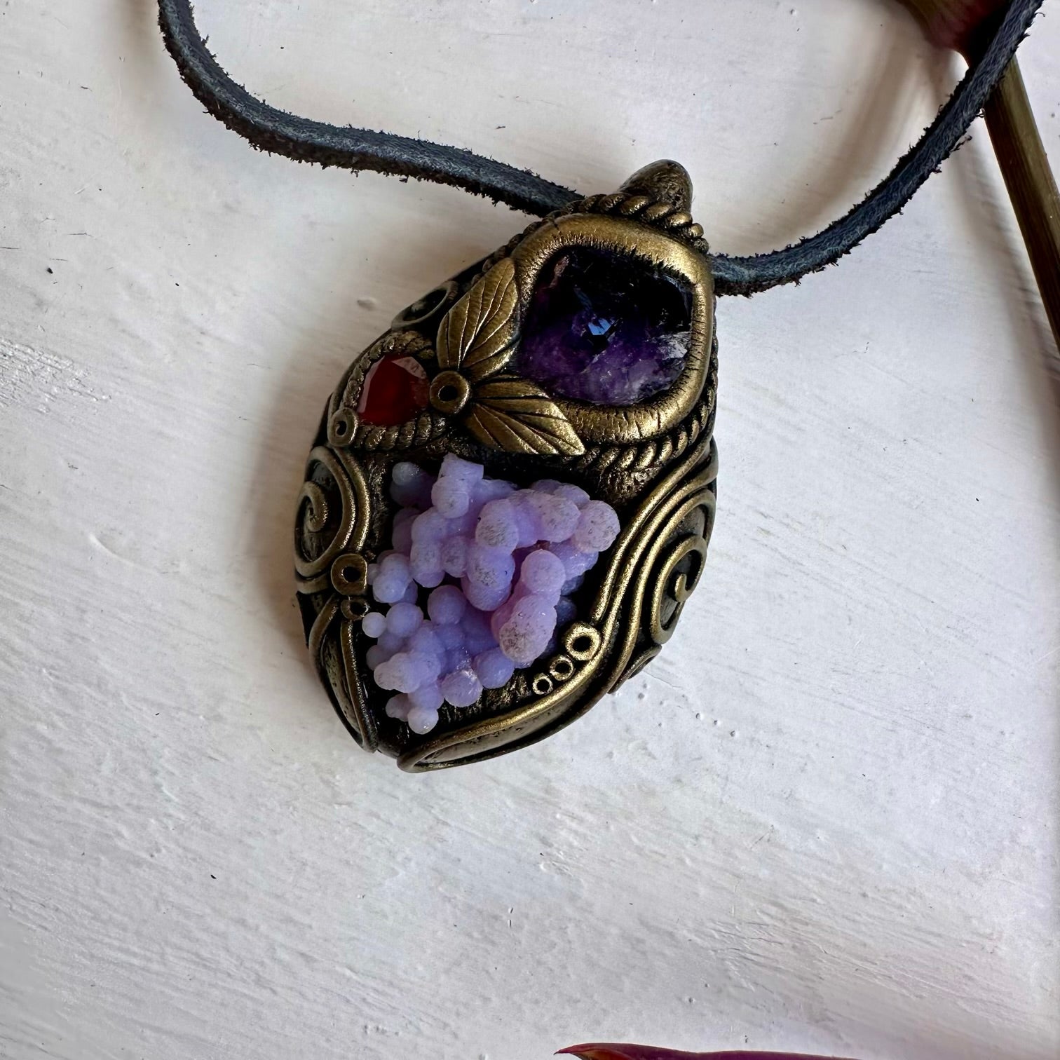 Grape Chalcedony Amethyst and Red Garnet Pendant Necklace - FairyGardenGlow