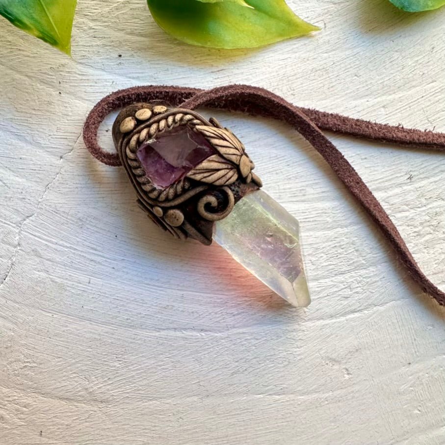 Angel Aura Quartz and Raw Amethyst Necklace FairyGardenGlow