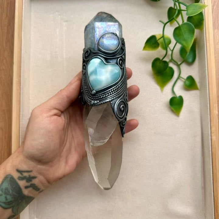 Large Healing Crystal Wand with Lemurian Seed Quartz, Aqua Aura Quartz, Larimar Heart and Rainbow Moonstone FairyGardenGlow