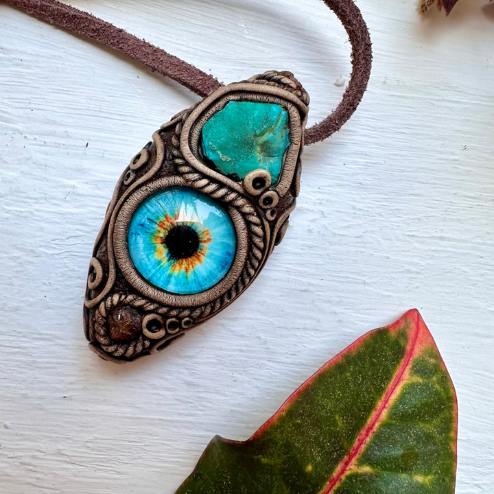 Raw Chrysocolla and Hessonite Garnet Eye Necklace - FairyGardenGlow