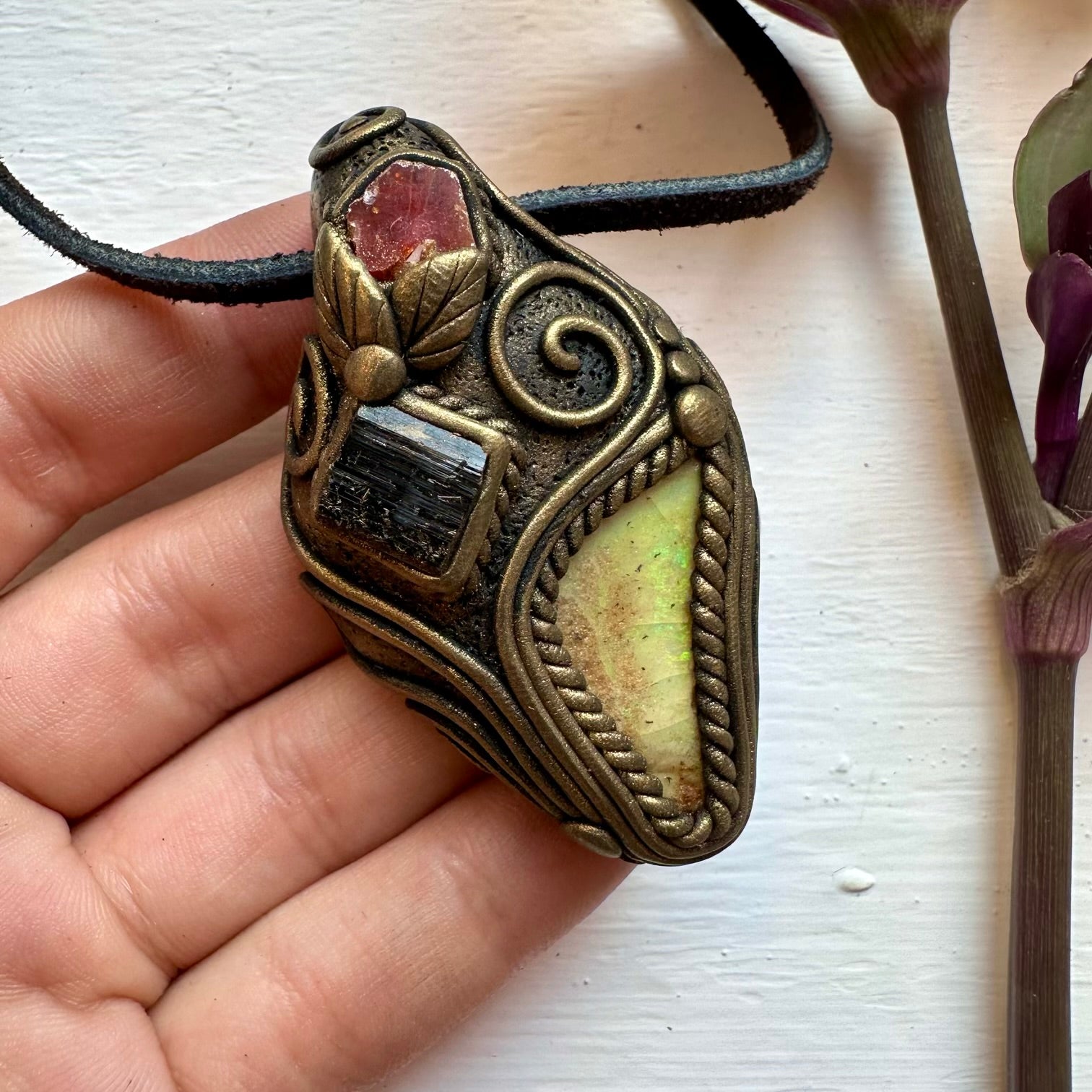 Boulder Opal Black Tourmaline and Vanadinite Pendant Necklace - FairyGardenGlow