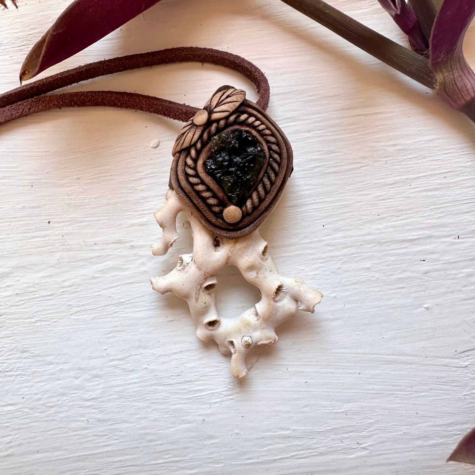 White Coral and Moldavite Pendant Necklace - FairyGardenGlow
